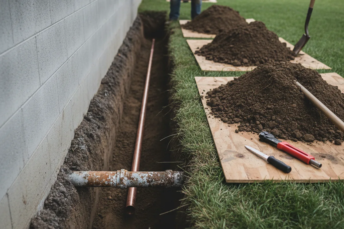 Excavated water line trench during Water Heater Repair in Stacyville